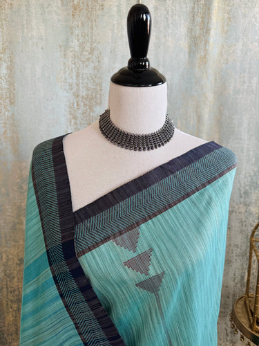 ShopNaya Exclusive | Handwoven | Pure Cotton Saree | Jamdani Weave | No Blouse | Sky Blue | Thread Work | Ships from California